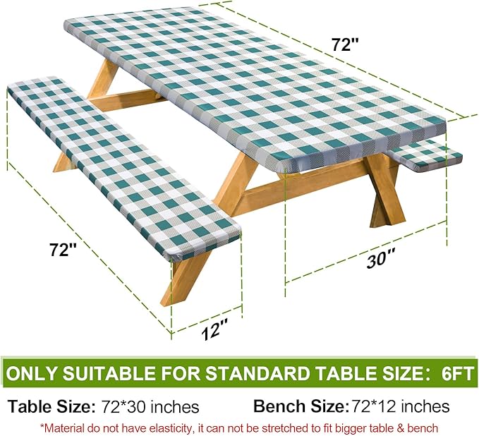 Picnic Table Cover with Bench Covers Camping Essentials Waterproof Windproof Camping Tablecloth with Drawstring Bag, Fitted Rectangle Tables and Seats, 72in, White Green Checkered