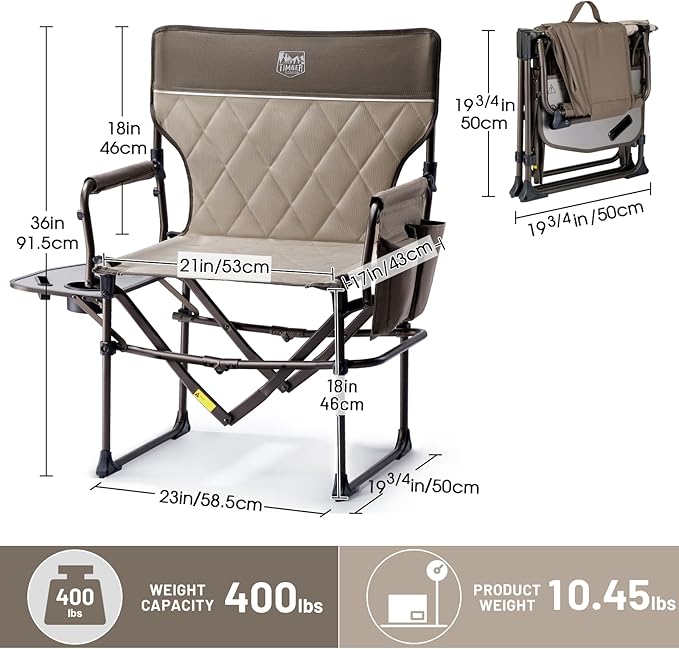 Timber Ridge Aluminum Camping Directors Chair with Side Table Pocket, Portable Folding Chair, Heavy Duty Lawn Chair for Fishing Trip Picnic Concert Outdoor 400lbs, Tan