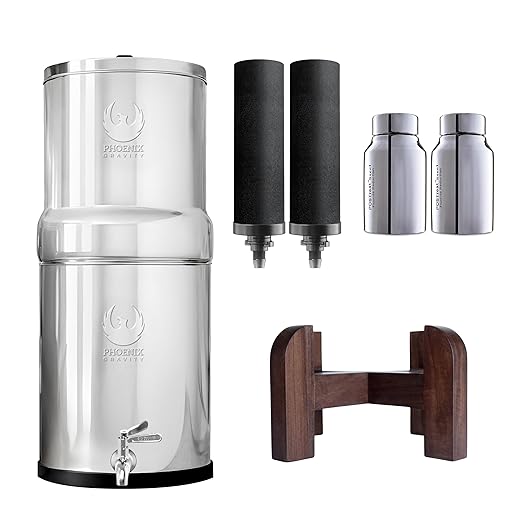 1.5 Gallons NSF Certified AISI 304 Stainless Steel Water Filter with 2 Smart Carbon (Black) Filters, 2 POSTreat Steel Fluoride Removal Elements, Free Water Spigot & Teak Wood Stand