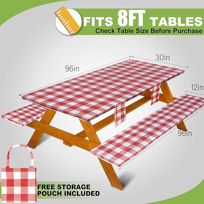 Picnic Table Cover with Bench Covers Vinyl Elastic Edges Fitted Rectangle Seat Tables Waterproof 3-Piece96X30in Set Outdoor Rectangular Folding Backing Tablecloth for Camping Over SizeTie-Dye 100