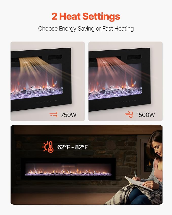 VEVOR 60 inch Electric Fireplace, Wall Mounted Recessed Fire Place with Remote Control, Timer, 1500W, Adjustable Flame Color Brightness, Touch Screen, Overheat Protection, for Living Room,Bedroom