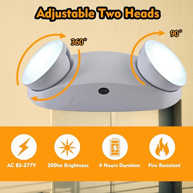 LED Emergency Lights with Battery Backup Commercial Emergency Light Fixtures for Business Home Power Failure Outage Exit Sign Lighting with Plug in Cord AC85-277V 200lm 4Hours