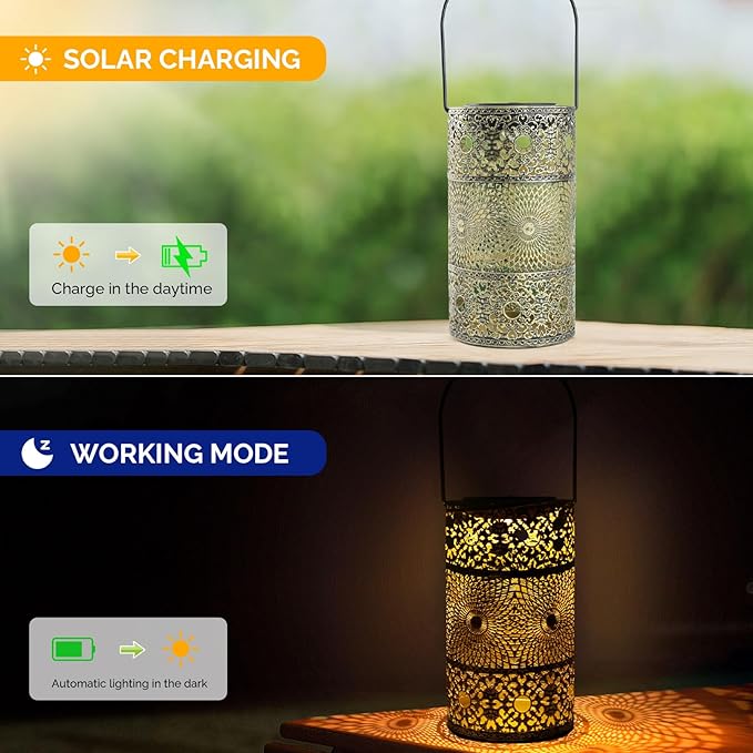 Hanging Solar Lanterns Outdoor Waterproof, Moorish-Style Solar Lanterns, Hollowed-Out Metal Decor Lantern, Decorative Lights for Garden Patio Porch
