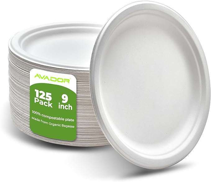 AVADOR® Compostable Tableware 100% Eco-Friendly & Biodegradable Dinnerware Eco-Conscious, Disposable, and 100% Biodegradable (9 inch Round Plates Pack of 125)