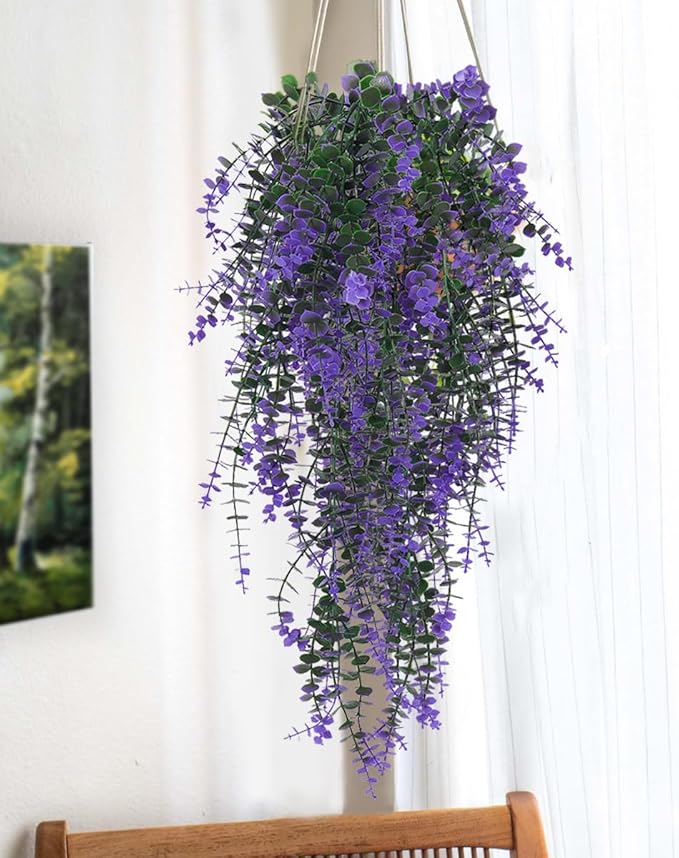 RECUTMS Artificial Plants Fake Eucalyptus Plants Faux Hanging Leaves Green Plant Artificial Hanging Plant for Indoor Home Room Kitchen Table Outdoor Patio Garden Yard Decor(Purple)