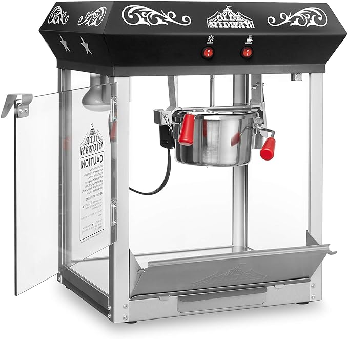 Olde Midway Bar Style Popcorn Machine Maker Popper with 6-Ounce Kettle - Black
