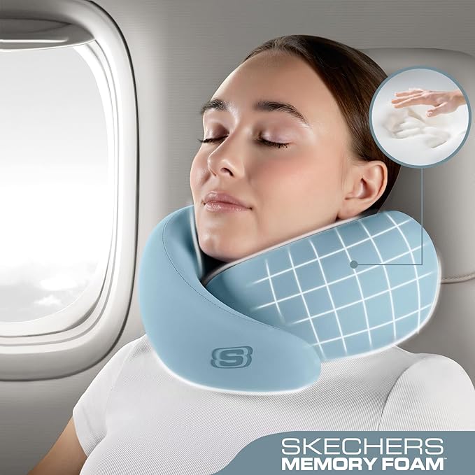 Skechers Memory Foam Travel Pillow,Comfortable & Breathable Airplane Travel Essential, Neck Pillow for Travel, Car Rides, Home, and Office Use, Ergonomic Design for Men and Women,Blue