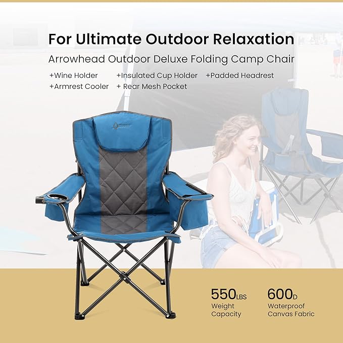 ARROWHEAD OUTDOOR Portable Folding Camping Quad Chair w/ 6-Can Cooler, Cup & Wine Glass Holders, Heavy-Duty Carrying Bag, Padded Armrests, Headrest & Seat, Supports up to 550lbs, USA-Based Support
