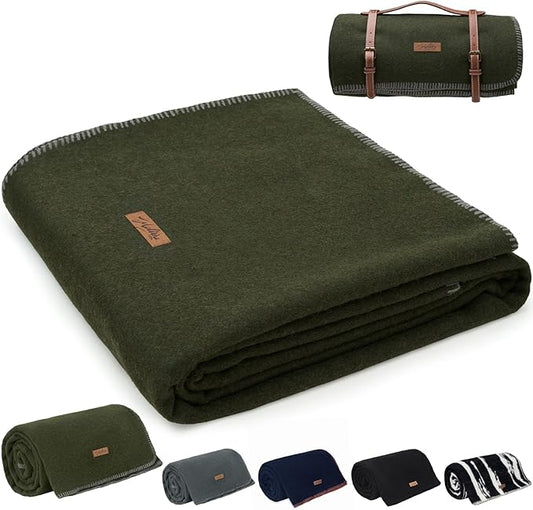 100% Wool Blanket, 48" x 62", Warm, Thick, Washable, Military Wool Blanket, Great for Camping, Outdoors, Sporting Events, Survival Kits，Olive Green