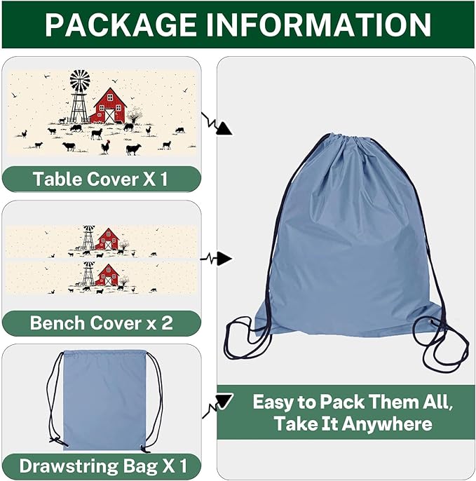 Picnic Table Cover with Bench Covers Elastic Edges, Farmhouse Camper Fitted Table Cover, Patio Camping Essentials 72 Inch 3PCS, Waterproof Camping Fitted Tablecloth with Drawstring Bag