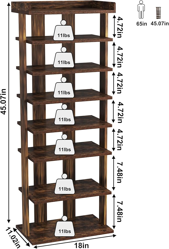HOMEFORT 7-Tier Wood Shoe Rack, Double Rows Shoe Shelf, Shoe Storage Stand, Entryway Shoe Tower, Vertical Shoe Organizer for Narrow Closet, Entryway, Hallway, Rustic Brown