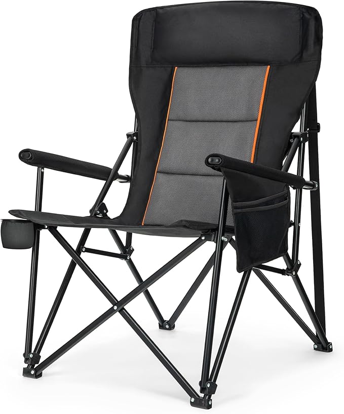 LET'S CAMP Oversized Camping Chairs 29.52" High Back Heavy Duty Lawn Chair Support 500LBS, Portable Collapsible Chair with Cup Holder, Side Pocket(Black)