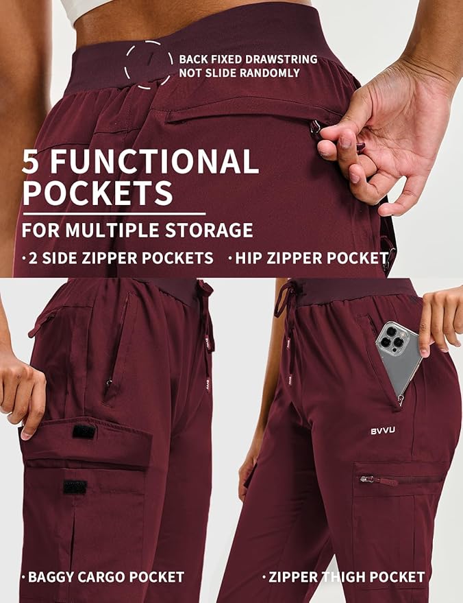 BVVU Women's Hiking Pants Lightweight Quick Dry Travel Outdoor Pants Waterproof Work Cargo Joggers with Zipper Pockets