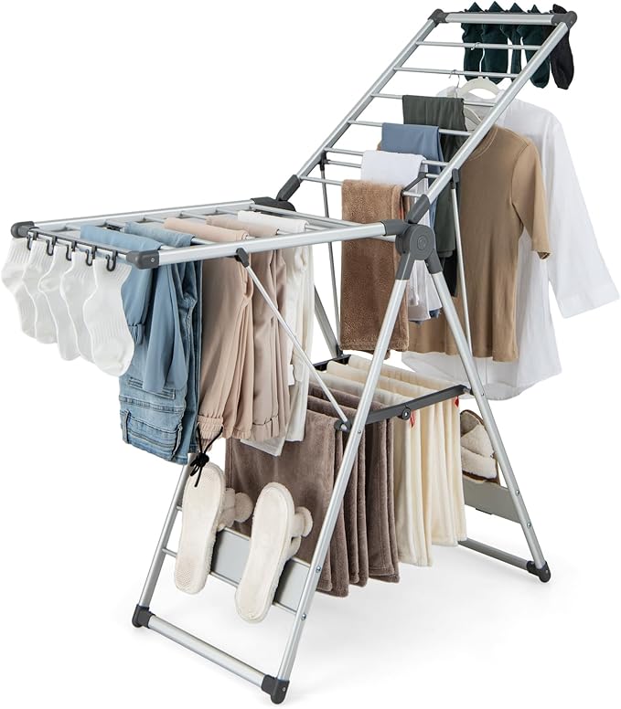 Tangkula Collapsible Clothes Drying Rack, 2-Layer Space-Saving Aluminum Drying Rack w/Adjustable Wings, Folding Laundry Drying Rack for Indoor & Outdoor Use