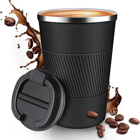 12OZ Travel Coffee Mug Insulated Coffee Cup with Spill Leak Proof Lid, Portable Stainless Steel Tumbler Reusable Hot and Cold Water Mug for Car, Daily, Camping-Black