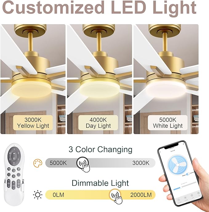 52” Smart Ceiling Fan with LED Lights Remote,Quiet DC Motor,Voice Control via Alexa Google WIFI Phone,Outdoor Indoor Modern Ceiling Fans,Dimmable,for Bedroom Patio Porch,Gold and White Black