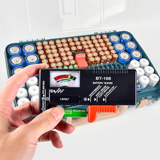 Battery Storage Organizer Case Holder Box with Tester, Double-Sided Batteries Fits for 269 Caddy Container AA AAA AAAA 3A 4A 9V C D Lithium 23A 4LR44 CR123A CR1632 CR2032 - Green