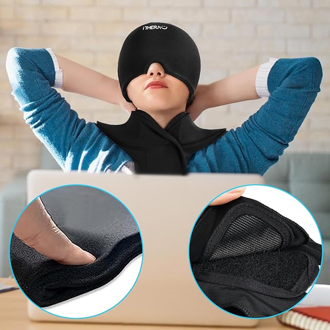 Migraine Relief Cap & Neck Ice Pack Wrap Gel Combo, 2Pcs-Set Reusable Headache Hat Ice Pack Mask, Cervical Cold Compress Head Wrap for Tension, Cooling, Pain Relieve