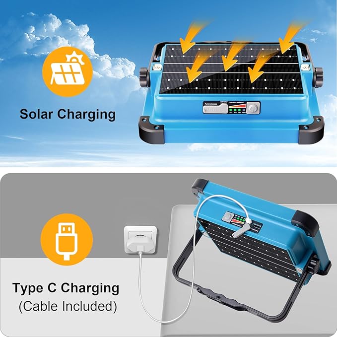 100W Rechargeable LED Solar Work Light, 10000LM Magnetic Worklight with 5 Modes Stepless Brightness Job Site Lighting, Waterproof Portable Outdoor Working Light for Car Repairing, Garage Workshop