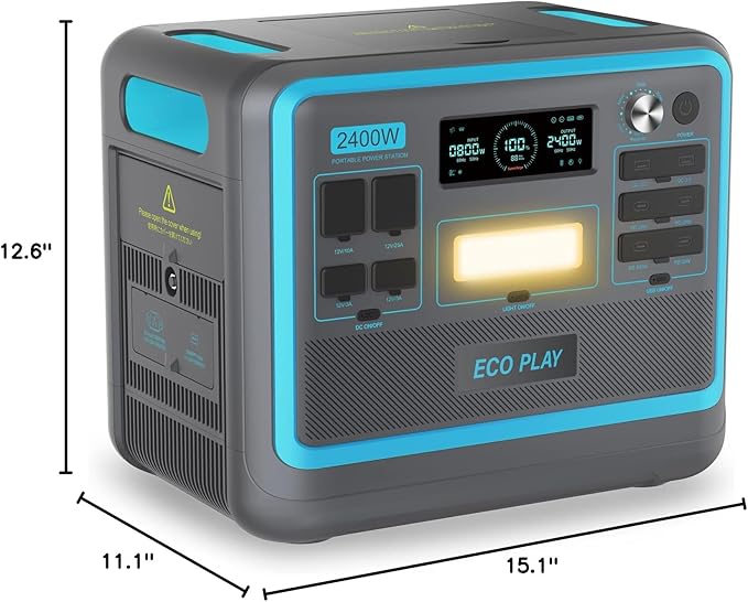Ecoplay SYD2400 Portable Power Station, 2048Wh LiFePO4 Battery Backup, 2400W Solar Genarator with 500W Solar Input, Adjustable Input Power for Camping, Power Outages, Emergency, RV