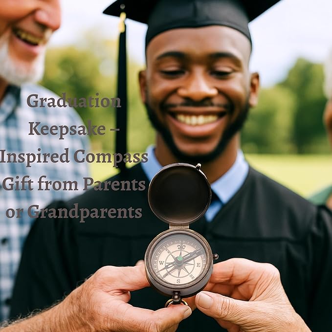 Engraved Compass Gift for Men – Vintage Brass Pocket Compass for Hiking, Adventure, and Travel – Antique Finish with Leather Case – Moon & Stars, or Road Design – Gift for Dad, Husband, or Son