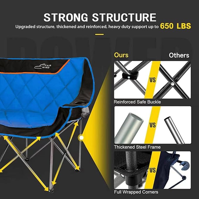 FAIR WIND Oversized Fully Padded Camping Chair Folding Loveseat Camping Couch Double Duo Chair Heavy Duty Quad Fold Arm Chair with Cup Hold - Supports 650 LBS Blue