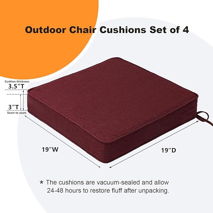 Sunbrella Square Corner Seat Cushions, 19" x 19" x 3", Set of 4, Indoor Outdoor Water Repellent Universal Chair Pads with Ties for Patio Furniture, Garden Dining Chairs, Spectrum Ruby
