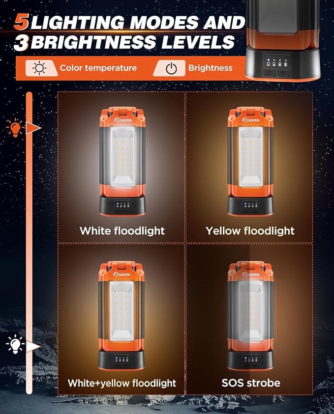 Saker Portable Camping Light with Stand 73.2" Rechargeable Work Light 800/3200 Lumen 4000/6500K Dimmable Emergency Flashlight for Garage, Outdoor Work, Power Outages, Fishing LD10 Orange