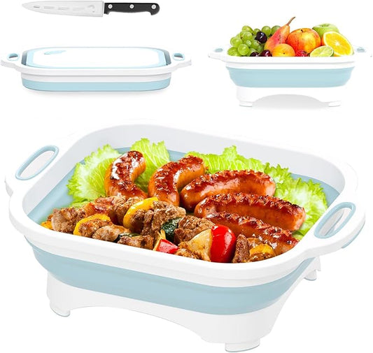 Collapsible Cutting Board,HI NINGER Camping cutting board with knife,Multifunctional Kitchen Vegetable Washing Basket Silicone Dish Tub for Camping Kitchen essentials/bbq prep tub/rv accessories
