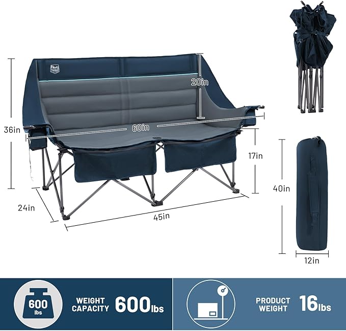 Timber Ridge Double Camping Chair, Heavy Duty Outdoor Folding Camp Couch, Loveseat Camping Chairs Perfect for Campsites, Patio/Lawn, Soccer Games or Other Youth Sports, Supports 600 lbs