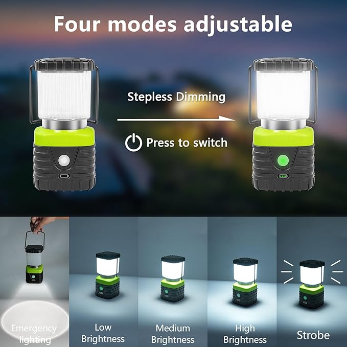 3PCS 6500K White Light LED Camping Lantern Rechargeable 1000LM, 4500mAh Power Bank, Flashlight for Hurricane Emergency, Hiking, IP44 Waterproof Lantern(Green)