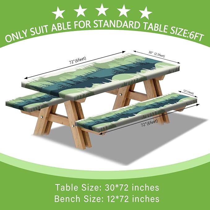 Picnic Table Cover with Bench Covers Tablecloth with Elastic Edges Waterproof Windproof Camping Essentials, Fitted Rectangle Tables and Seats, Drawstring Bag, 72in, Blue Green