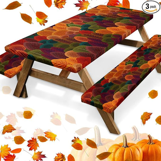 Picnic Table Cover with Bench Covers Elastic Edges, Fall Tree Fitted Table Cover, Outdoor Patio Camping Essentials 72 Inch 3PCS, Waterproof Camping Fitted Tablecloth with Drawstring Bag