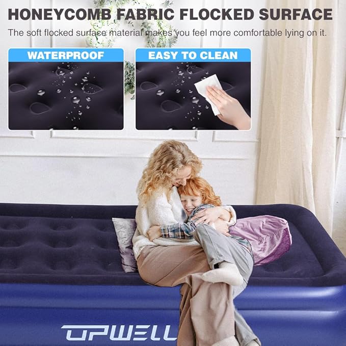 UPWELL Inflatable Air Mattress Twin with Built in Pump Comfort Blow up Bed Waterproof Fast&Easy Set up Dura Beam Strong Support Mattress for Home Guests & Camping Navy Blue