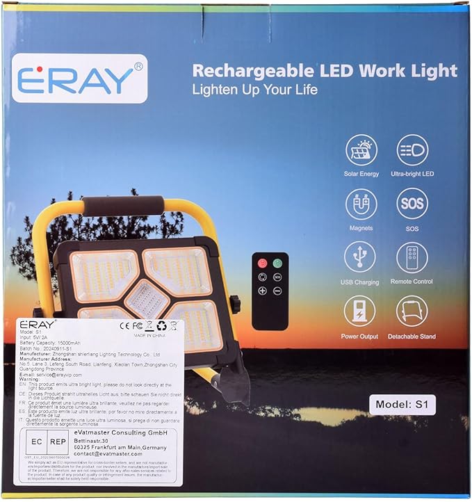 ERAY Rechargeable Work Light with Remote Control and Stand,15000mAh Battery 10000LM Worklight, Portable Solar Camping Lights, IP66 4 Lighting Modes Work Lights for Outdoor Emergency Car Repairing