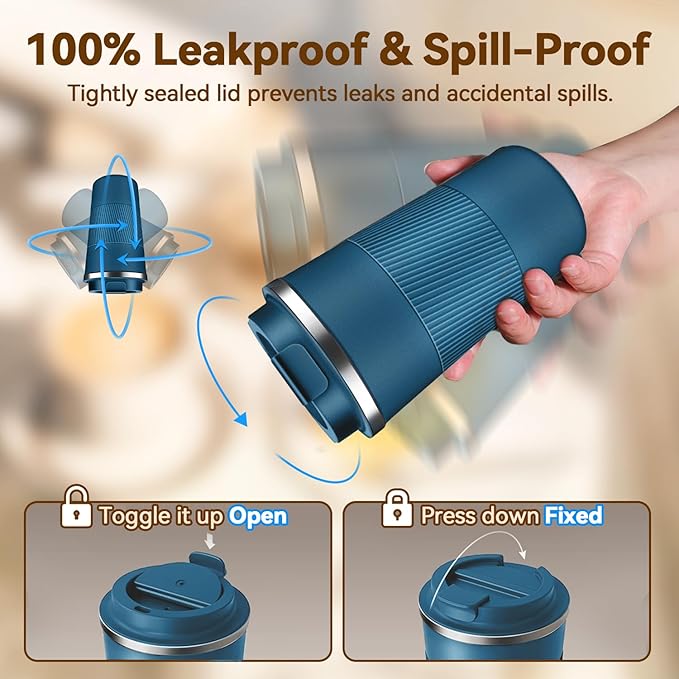 17OZ Travel Coffee Mug Insulated Coffee Cup with Spill Leak Proof Lid, Portable Stainless Steel Tumbler Reusable Hot and Cold Water Mug for Car, Daily, Camping- Blue