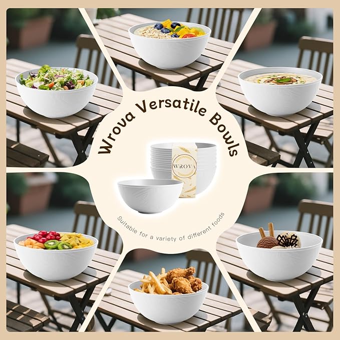 White Wheat Straw Bowls for Cereal and Salad,Alternative Plastic Bowls Set of 6,40oz Unbreakable Soup Bowls suitable for Kitchen,Party,Camping and R.V.