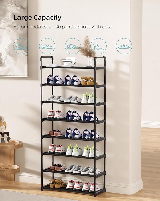 Metal Storage Shoe Rack,Large Capacity Shoe Organizer, Free Individual Assembly for 24-27 Pairs, for Entryway,Closet, Bedroom, Black (8 Tiers)