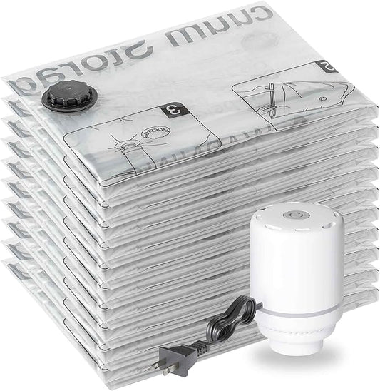 SUOCO 10 Medium Vacuum Storage Bags with Electric Pump, Travel Clothes Space Saver Bags, Compression Airtight Seal Bags for Clothing, Pillows, Comforters, Blankets