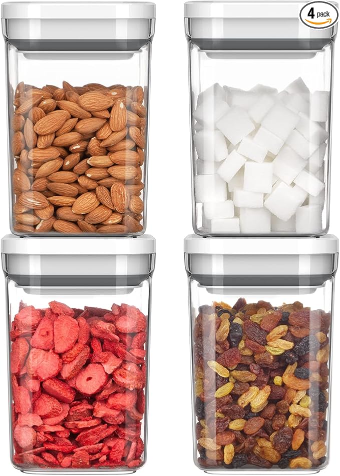 MR.SIGA 4 Pack Airtight Food Storage Container Set, BPA Free Kitchen Pantry Organization Canisters with One-handed Leak Proof Lids, 1L / 33.8oz, Medium, White