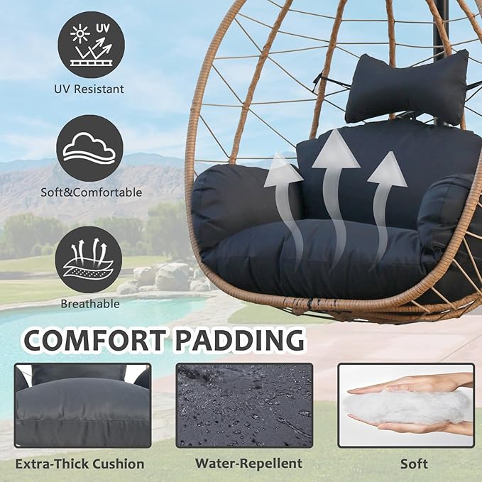 Egg Chair with Stand, Uv-Proof Pe Wicker Hanging Chair for Outdoor Patio, Cushioned Hammock Swing for Bedroom Garden Indoor/Outdoor, Double-Zipper Structure Hanging Egg Chair (Yellow and Black)