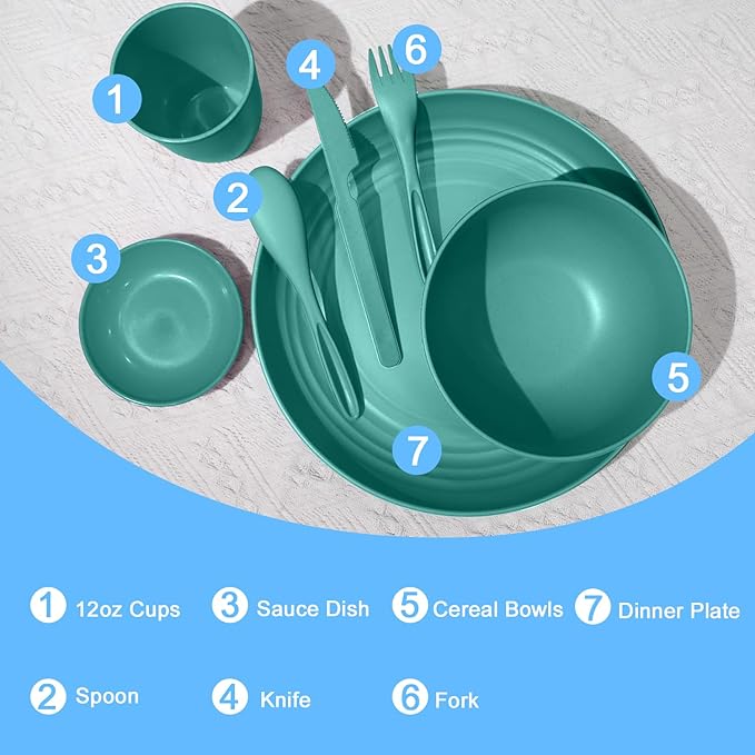 wheat straw bowls,plates,cups and cutlery sets 28 pcs - Dishwasher safe dish sets for kitchen, camping, indoors and outdoors.Green