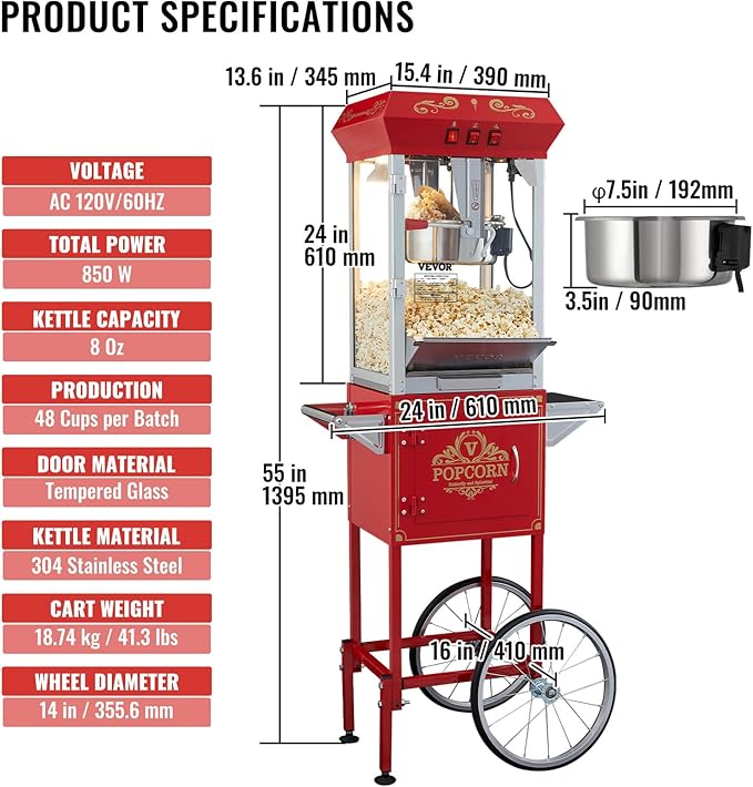 VEVOR Commercial Popcorn Machine, 8 Oz Kettle, 850 W Popcorn Maker on Wheels for 48 Cups per Batch, Theater Style Popper with 3-Switch Control Steel Frame Tempered Glass Doors Cart 1 Scoop 2 Spoons