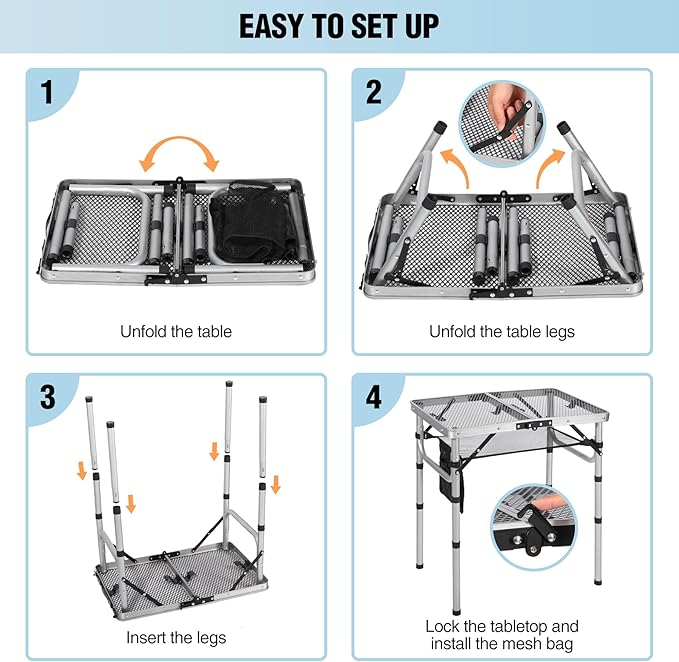RedSwing Folding Grill Table, Lightweight Height Adjustable Aluminum Table with Mesh Desktop and Mesh Bag for Outdoor Camping Picnic BBQ, 2 Feet, Sliver