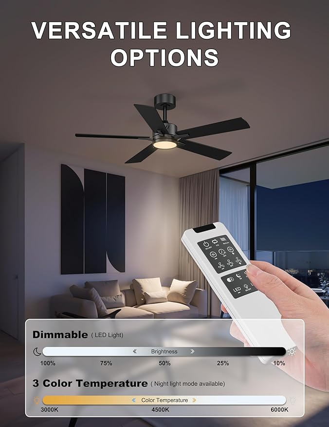 Ohniyou 48'' Ceiling Fans with Lights and Remote, 6 Speeds, 3 Colors & Dimmable LED Light, Quiet DC Motor Black Ceiling Fan for Bedroom Living Room