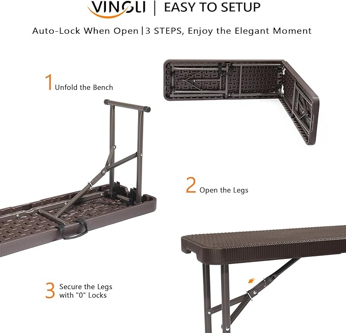 VINGLI 6 feet Plastic Folding Bench,Portable in/Outdoor Picnic Party Camping Dining Seat, Garden Soccer Multipurpose Entertaining Activities, Rattan Patterned HDPE Tabletop, 2 Pack, Brown