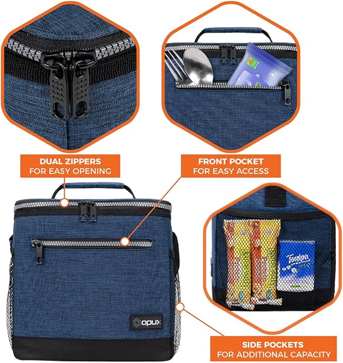 opux Extra Large Insulated Lunch Box Men Women, Lunch Bag for Work, Leakproof Soft Cooler Tote Adult, Lunch Pail, Picnic Beach Collapsible Food Bag with Shoulder Strap, Heather Navy