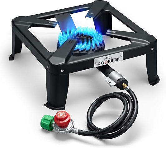 Propane Burner for Outdoor Cooking, 120,000 BTU Single 7" Round Burner, 16" Square Steel Cooktop！SA1730