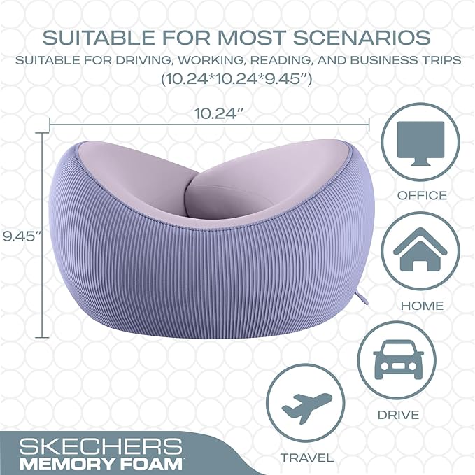 Skechers Memory Foam Neck Pillow, Comfortable & Breathable Travel Pillow,Neck Pillow Airplane for Travel, Car Rides, Home, and Office Use, Ergonomic Design for Men and Women,Purple