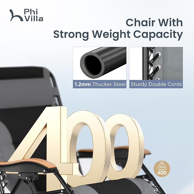 PHI VILLA XXL Oversized Padded Zero Gravity Chair, Foldable Patio Recliner, 30" Wide Seat Anti Gravity Lounger with Cup Holder, Set of 2, Support 400 LBS (Gray)
